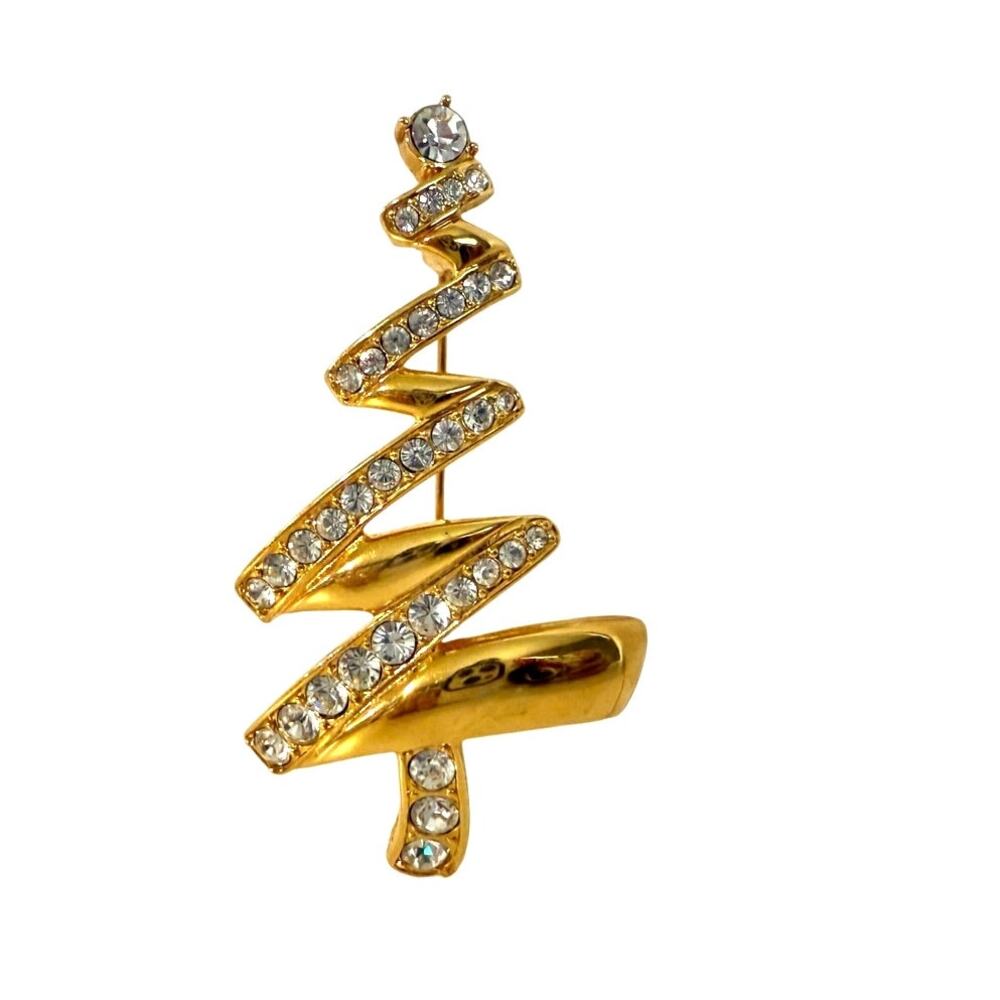 Vintage Monet Christmas Tree Brooch Gold Tone w/ Clear Rhinestones 3" Signed